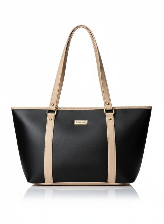 BELLORA Luna Tote Bag for Women | Dual Tone Black & Beige Handbag | Minimalist Everyday Shoulder Bag - Image 1